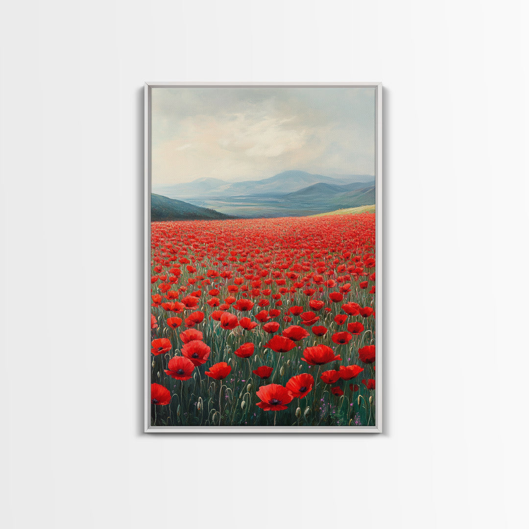 Scenic Poppy Field Framed Canvas Print, Rustic Landscape Painting, Bedroom Art, Farmhouse Wall Decor, Extra Wide Rustic Art