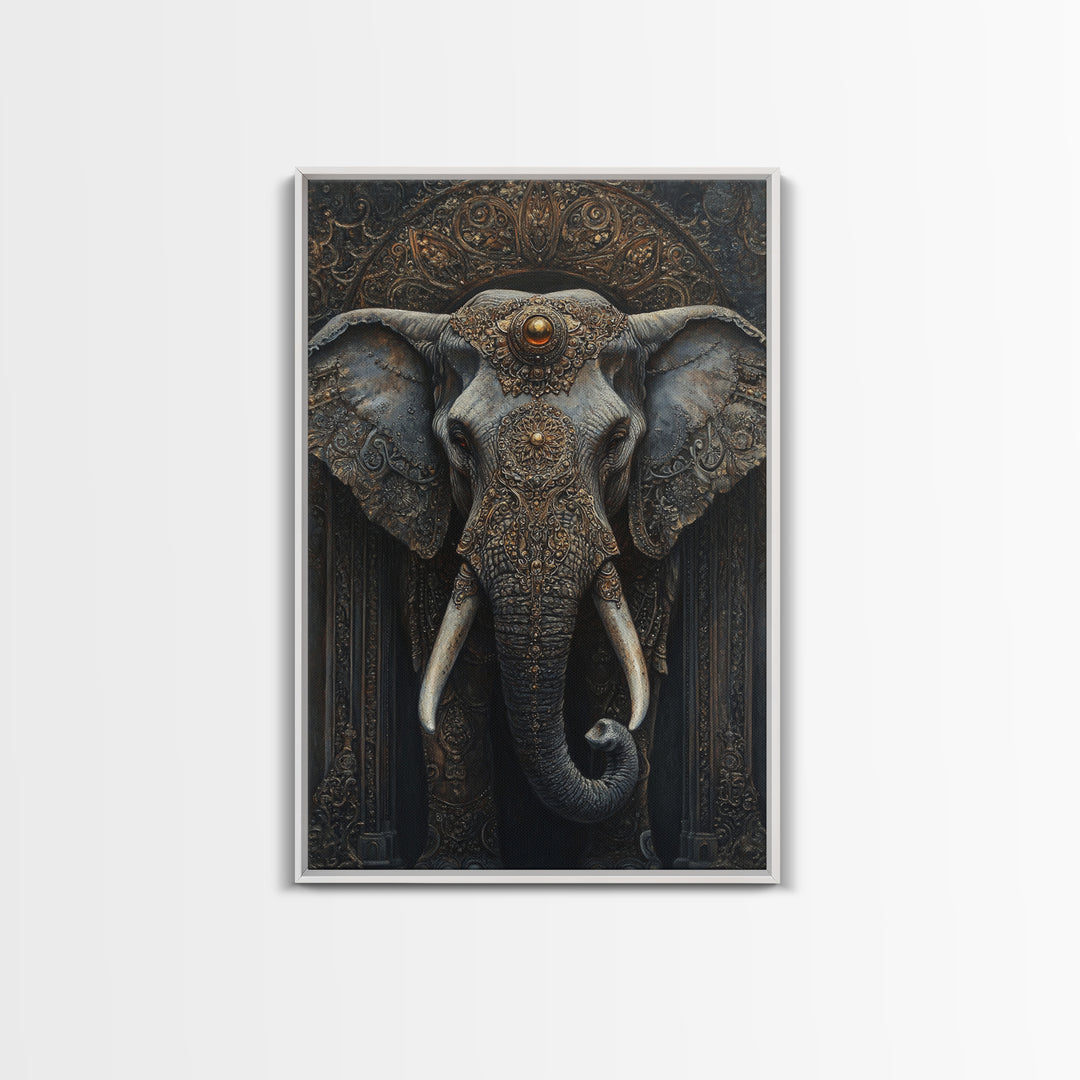 Ornate Elephant Kerala Mural Framed Canvas Print – Ganesh Wall Art, Sacred Geometry Art, Indian Inspired Decor Rustic Living Room Art