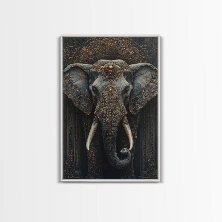 Ornate Elephant Kerala Mural Framed Canvas Print – Ganesh Wall Art, Sacred Geometry Art, Indian Inspired Decor Rustic Living Room Art