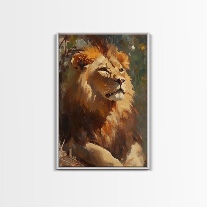 Regal Lion Oil Painting Framed Canvas Print – Rustic Decor Wall Art, African Lion Wildlife, Above Couch Art, Bold Statement Piece