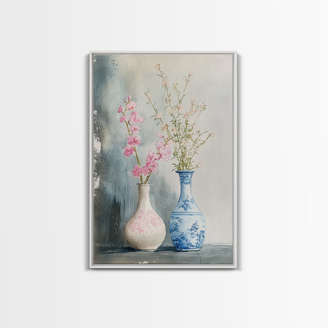 Delicate Vases Framed Canvas Print Wildflower Painting Botanical Prints Minimalist Art Light Pink Wall Art Rustic Decor Gift Idea