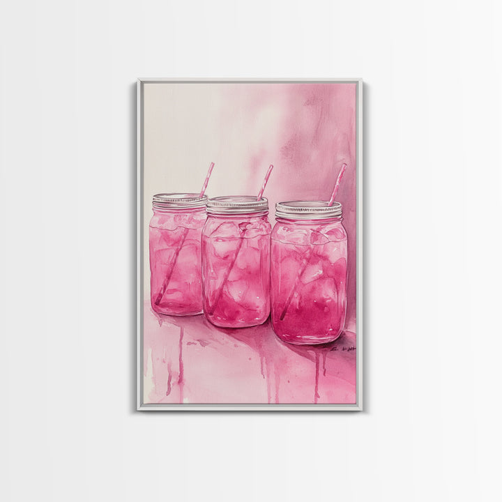 Pink Lemonade Jars Framed Canvas Print Food Review Kitchen Art Light Pink Wall Art Whimsical Art Rustic Decor Farmhouse Style