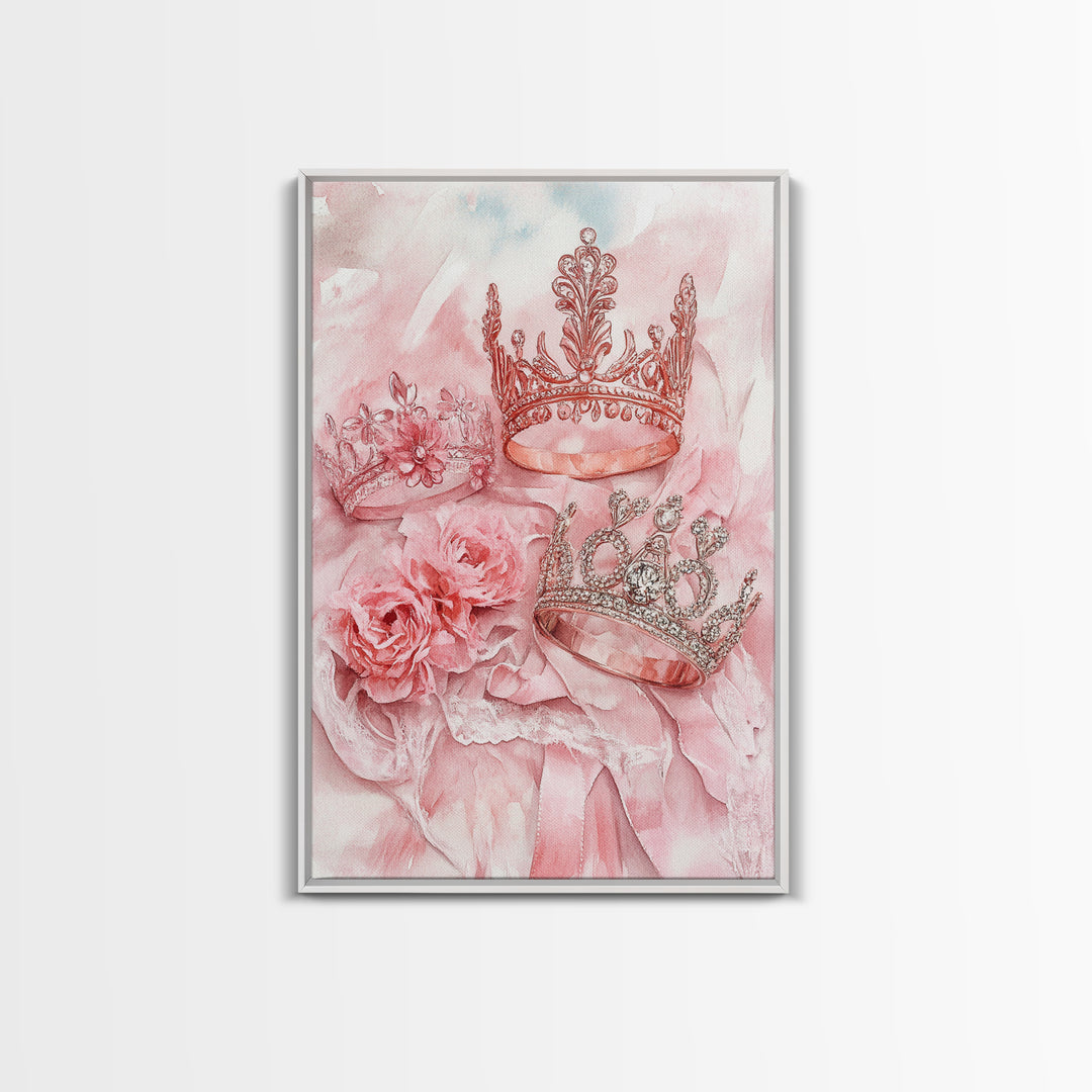 Elegant watercolor crowns and roses painting, framed canvas print, rose painting, goddess art print, chic pink wall art for living room