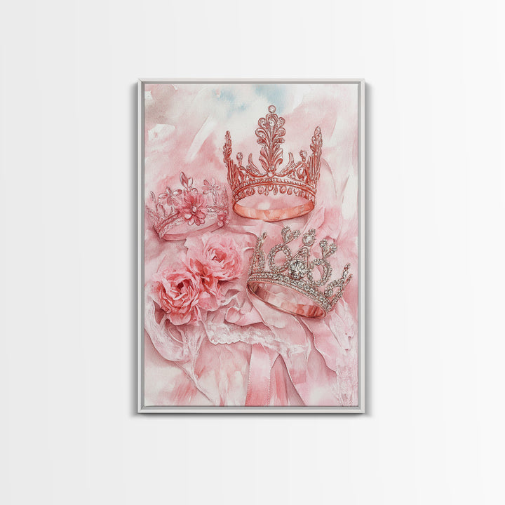 Elegant watercolor crowns and roses painting, framed canvas print, rose painting, goddess art print, chic pink wall art for living room