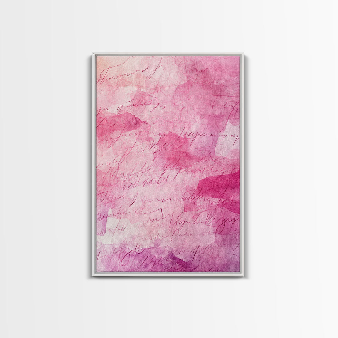 Calligraphy Pink Abstract Framed Canvas Print, Light Pink Wall Art, Romantic Handwriting Aesthetic, Minimalist Art Bedroom or Office Decor