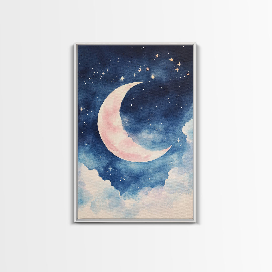 Crescent Moon Painting Canvas Print Bedroom Art Moody Night Sky Painting Above Bed Wall Art Whimsical Art Gift Idea Light Decor