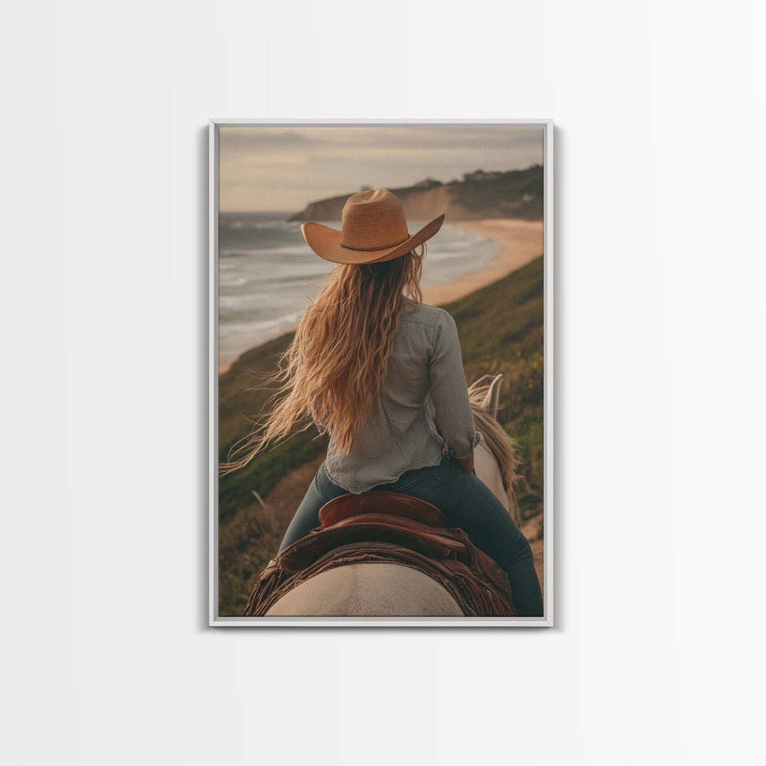 Coastal Cowgirl Riding Canvas Print Horse and Ocean Landscape Art Rustic Decor Western Inspired Framed Art Bedroom Living Room Gift