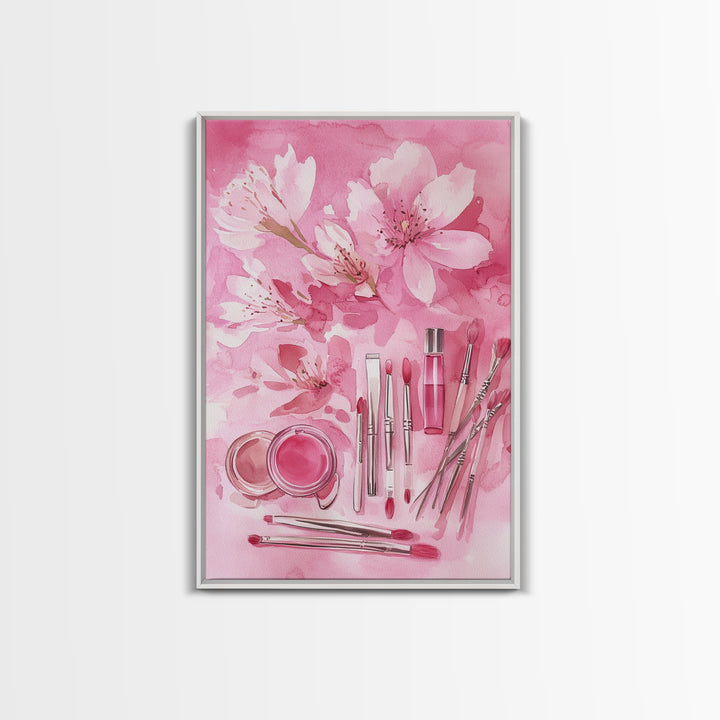 Cherry Blossom Canvas Print Featuring Makeup and Brush Theme Perfect Whimsical and Light Pink Wall Art Bedroom or Bathroom Decor