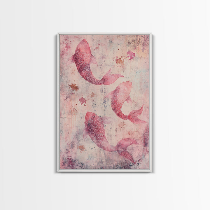 Artistic koi fish painting with framed canvas print, pink abstract art, light pink wall art, gift idea, moody art above bed decor
