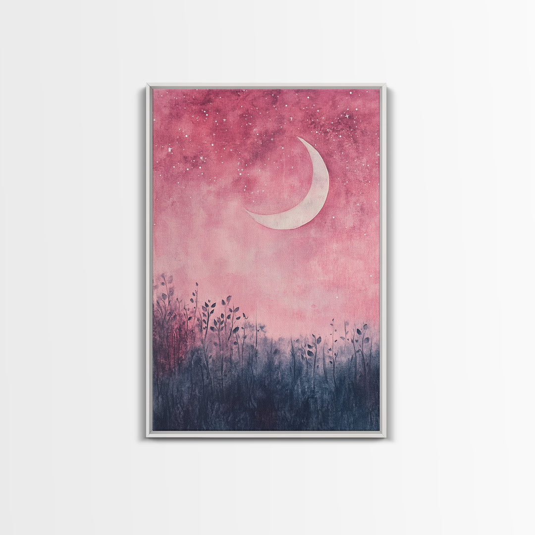 Crescent moon painting on framed canvas print, moody art, pink abstract art, cherry blossom painting, vertical wall art decor