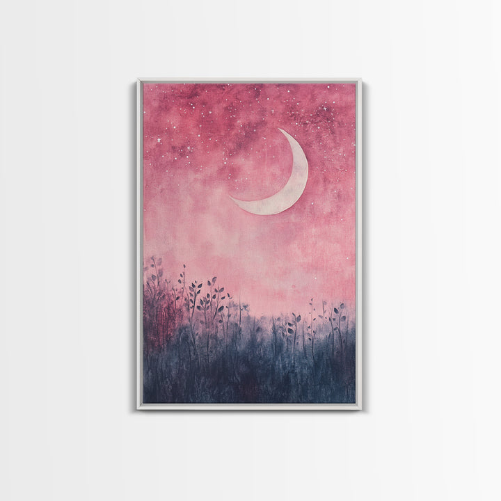 Crescent moon painting on framed canvas print, moody art, pink abstract art, cherry blossom painting, vertical wall art decor