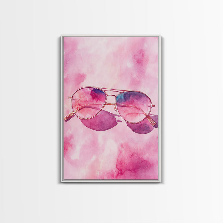 Stylish pink sunglasses painting featuring framed canvas print, pink wall art, boho art, above sofa art, modern living room decor