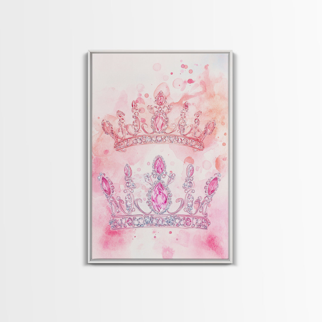 Twin jeweled crown painting featuring framed canvas print, whimsical art, light pink wall art, goddess art print, gift idea decor
