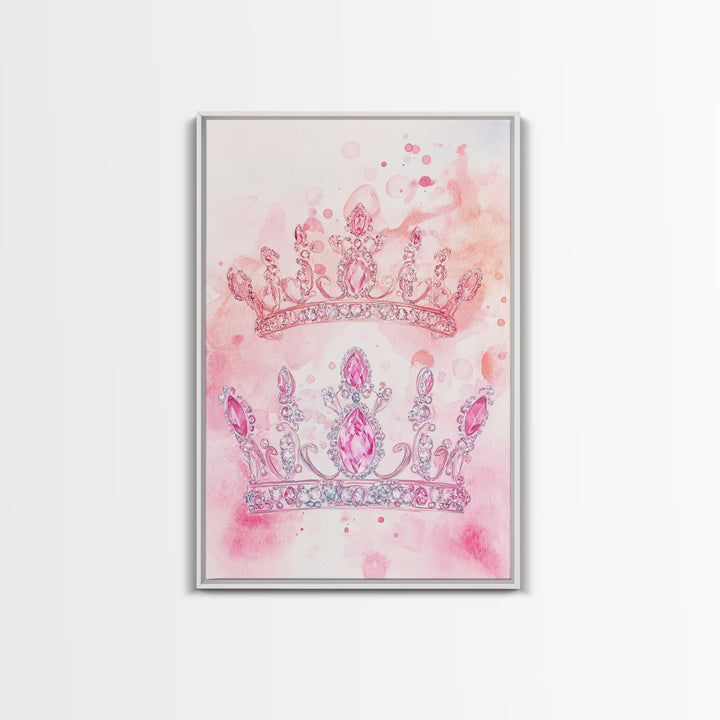 Twin jeweled crown painting featuring framed canvas print, whimsical art, light pink wall art, goddess art print, gift idea decor