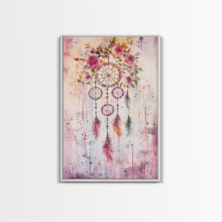 Dreamcatcher with Roses Framed Canvas Print Boho Bedroom Art Botanical Prints Pink Wall Art Light Pink Home Decor Wildflower Painting
