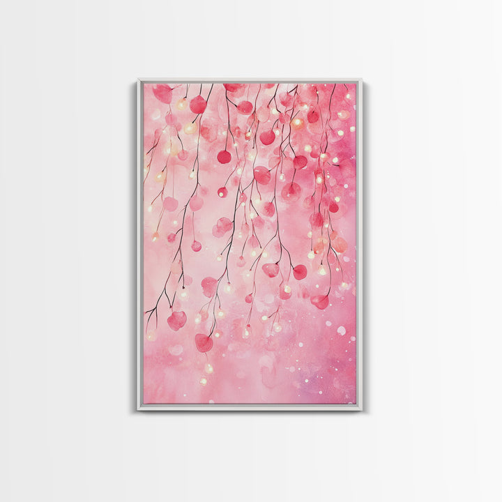 Cherry Blossom Lights Canvas Print Romantic Bedroom Art Cherry Wall Art Light Pink Wall Art Living Room Art Boho Home Decor