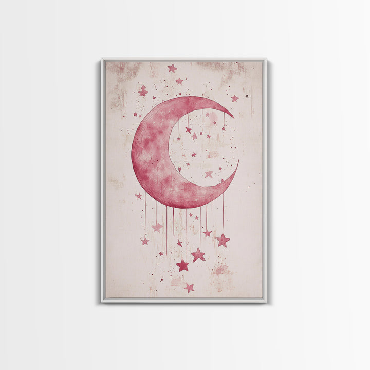 Crescent Moon and Stars Framed Canvas Print Mystical Boho Art Zen Wall Art Light Pink Wall Art Bedroom Art Dreamy Night Sky Decor