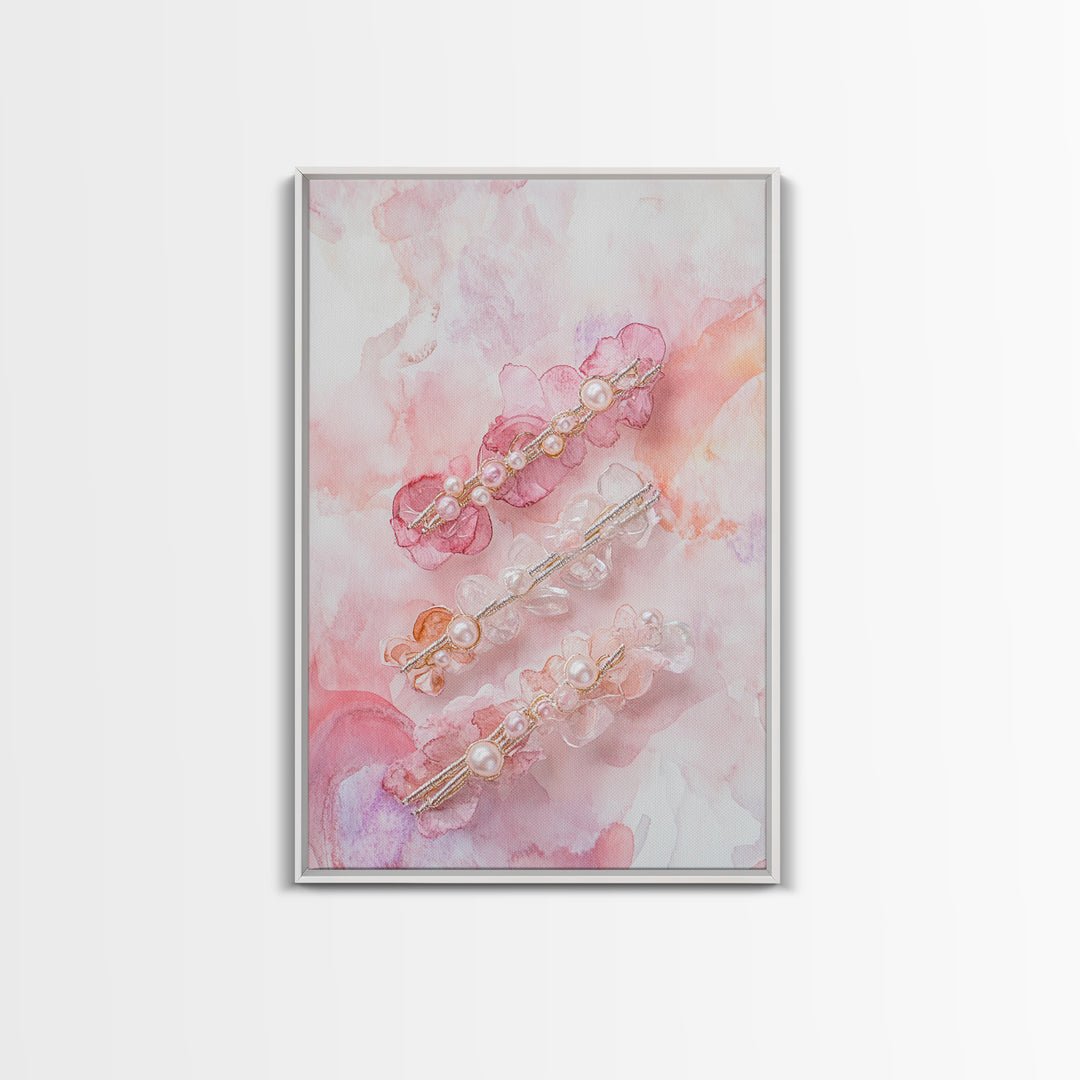 Elegant Floral Hair Accessories Canvas Print, Whimsical Art, Feminine Wall Art, Pink Abstract Art, Light Pink Wall Art, Bedroom Decor