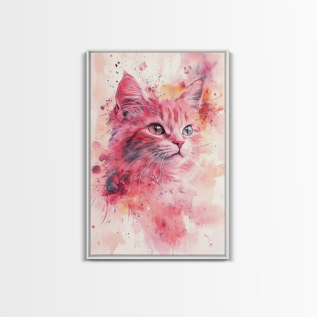 Pink Cat Portrait Canvas Print, Whimsical Art, Feline Wall Art, Light Pink Wall Art, Bedroom Art, Artistic Decor, Gift Idea for Cat Lovers