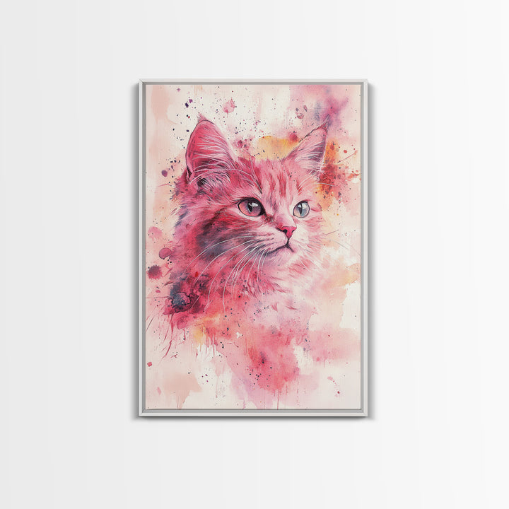 Pink Cat Portrait Canvas Print, Whimsical Art, Feline Wall Art, Light Pink Wall Art, Bedroom Art, Artistic Decor, Gift Idea for Cat Lovers