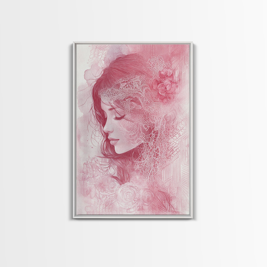 Romantic Portrait Framed Canvas Print Featuring Angels Wall Art Pink Abstract Art Elegant Bedroom Living Room Boho Aesthetic