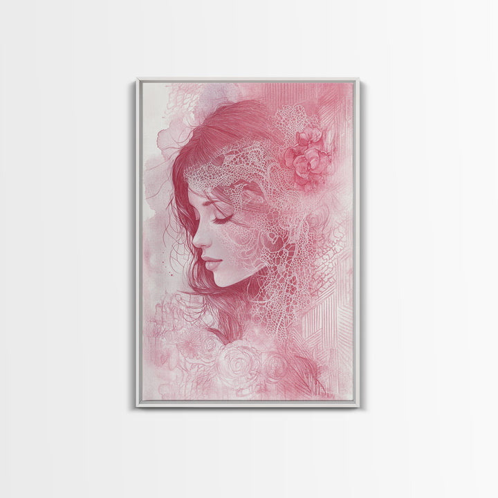 Romantic Portrait Framed Canvas Print Featuring Angels Wall Art Pink Abstract Art Elegant Bedroom Living Room Boho Aesthetic