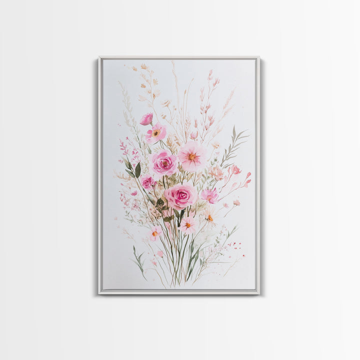 Elegant Pink Bouquet Framed Canvas Print Featuring Wildflower Painting Light Pink Wall Art Cottagecore Aesthetic Farmhouse Artwork
