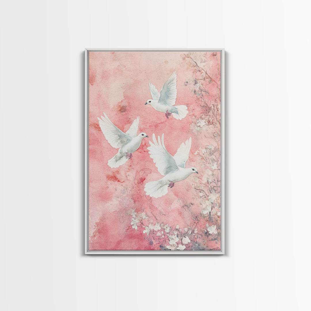 Cherry Blossom Art with Peaceful Doves Framed Canvas Print, Angelic Bird Art Pink Decor, Whimsical Bedroom or Living Room Gift