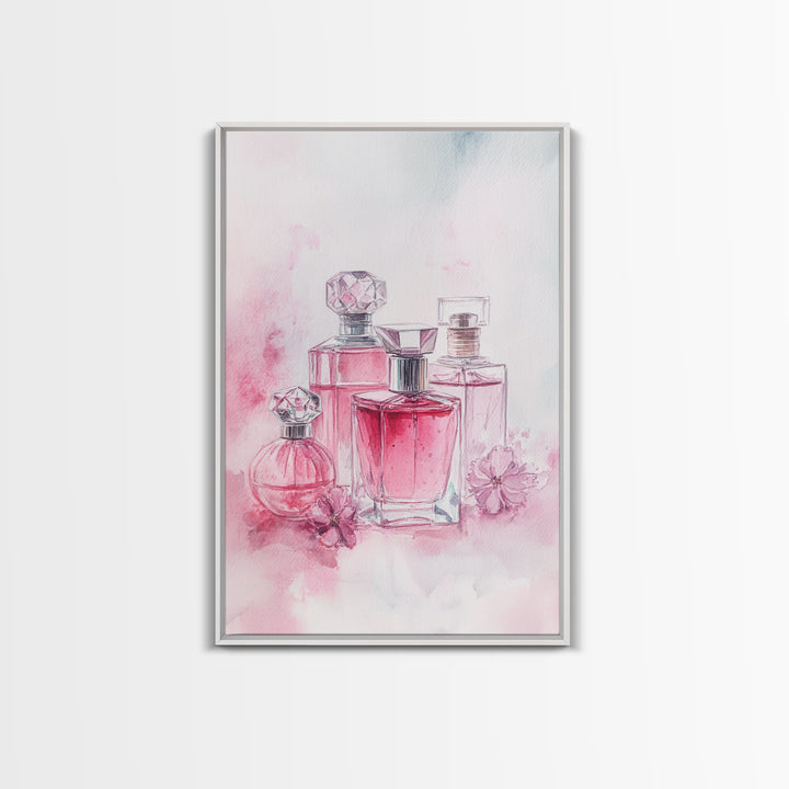 Elegant Pink Perfume Bottles Framed Canvas Print, Feminine Bathroom Art Light Pink Decor, Whimsical Gift Idea for Her Room