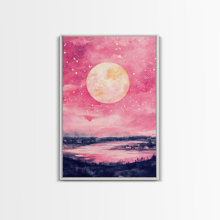 Moonlit Sky over Lake Framed Canvas Print, Pink Night Landscape Painting Coastal Wall Art, Minimalist Bedroom or Guest Room Decor