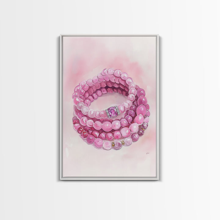 Pink Gemstone Bracelet Painting Framed Canvas Print, Whimsical Jewelry Art Light Pink Decor, Feminine Bedroom or Gift Aesthetic