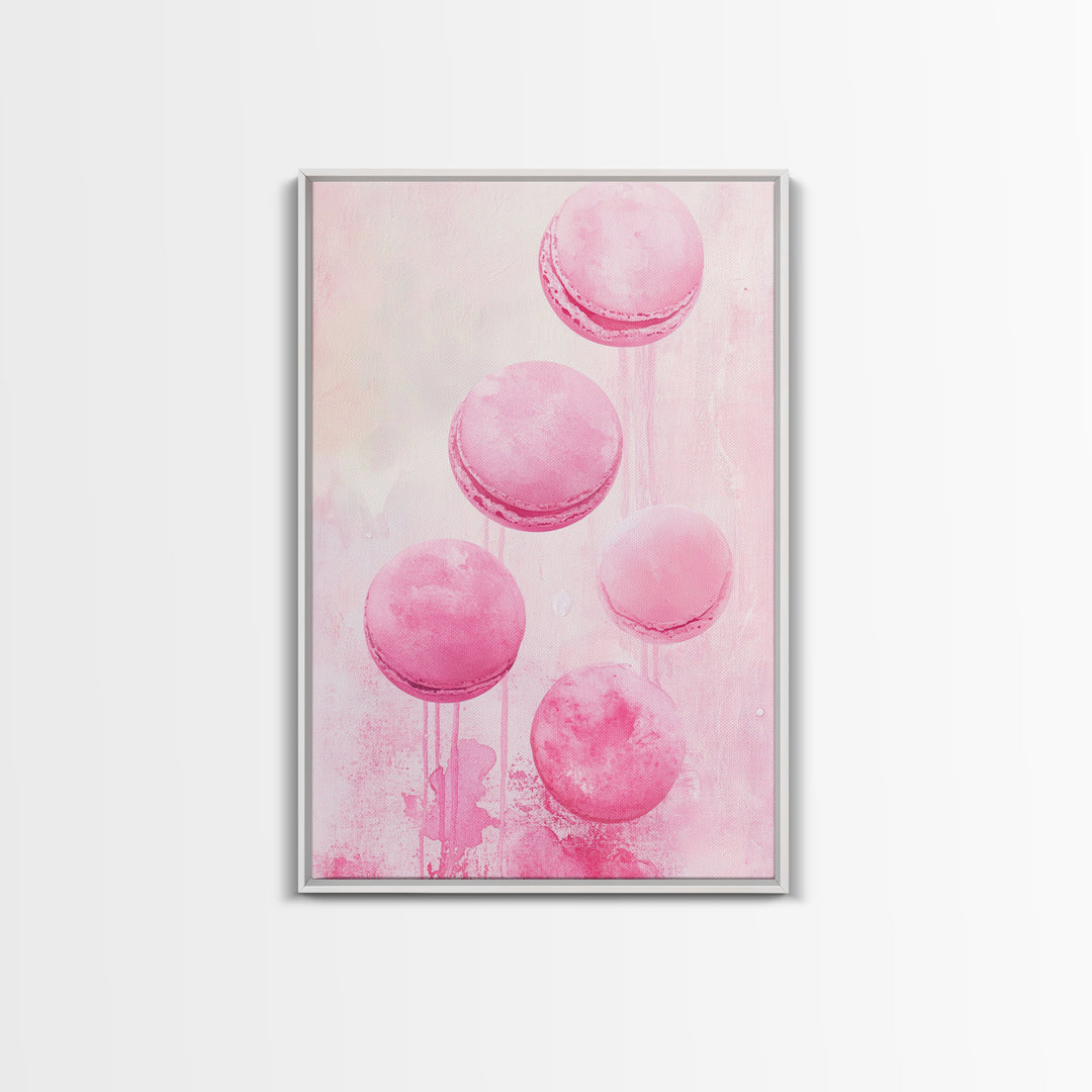 Cute pink macarons whimsical kitchen framed canvas print food review dessert art playful pastel decor cozy gift idea fun wall art