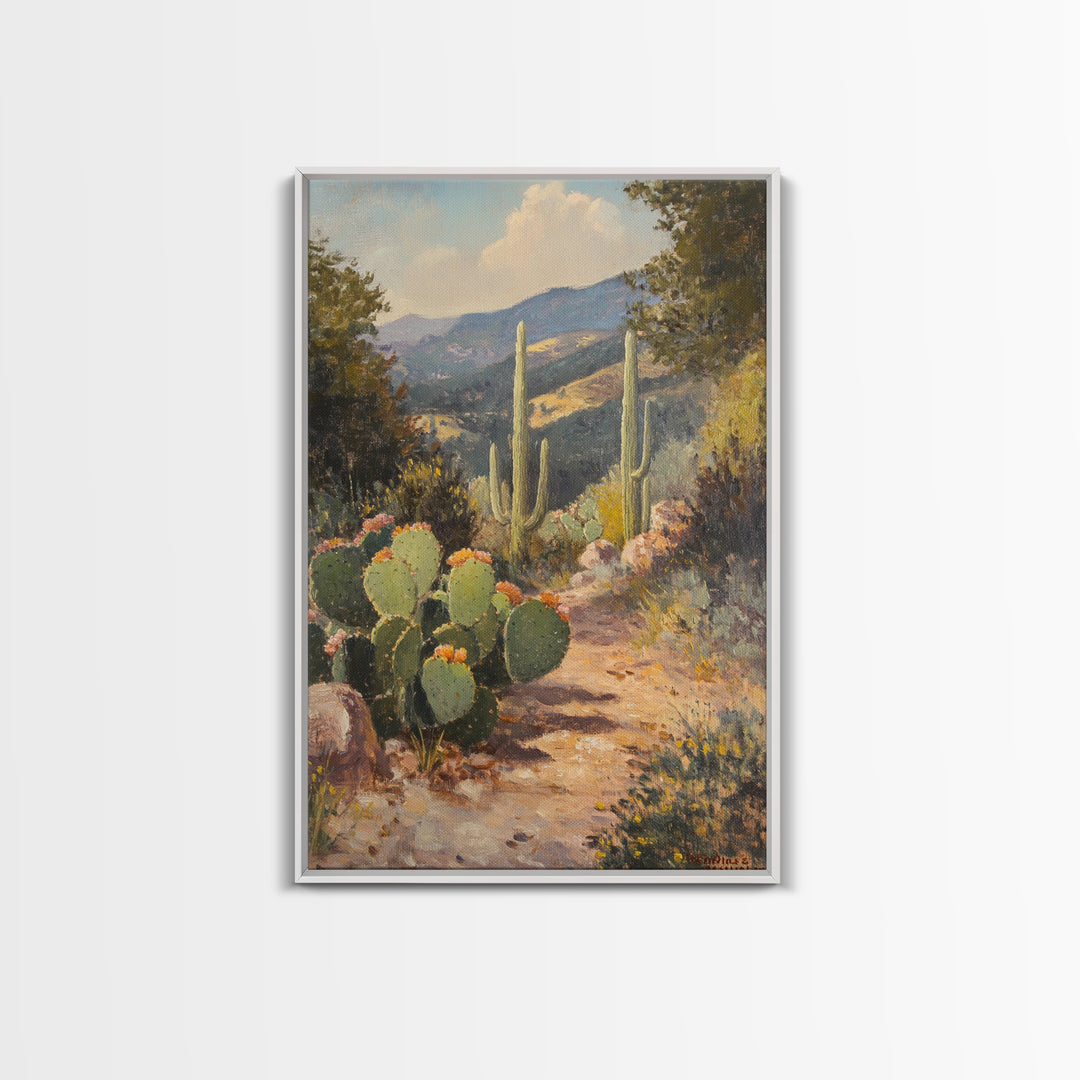 Cactus Bloom Framed Canvas Print Rustic Wall Art Living Room Decor Farmhouse Wall Art Original Painting Gift Idea Landscape Art
