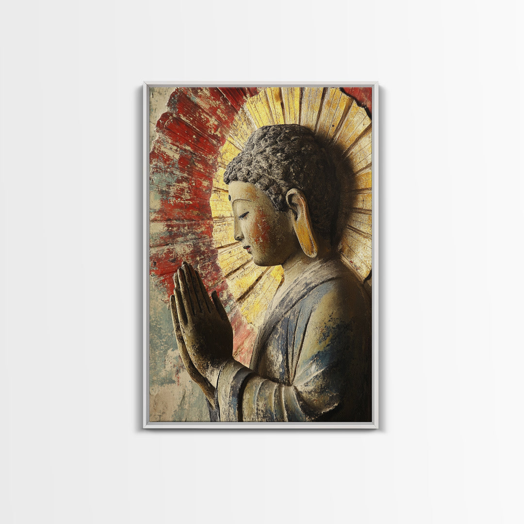 Buddha Prayer Sculpture Framed Canvas Print Zen Wall Art Rustic Decor Sacred Geometry Wall Art Therapy Art Living Room Art Buddha Art
