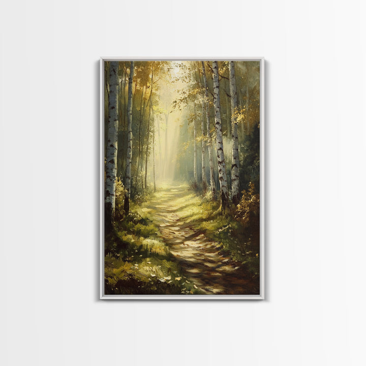 Birch Forest Path Framed Canvas Print Rustic Wall Art Farmhouse Wall Art Nature Landscape Art Above Bed Wall Art Fall Decor Living Room Art
