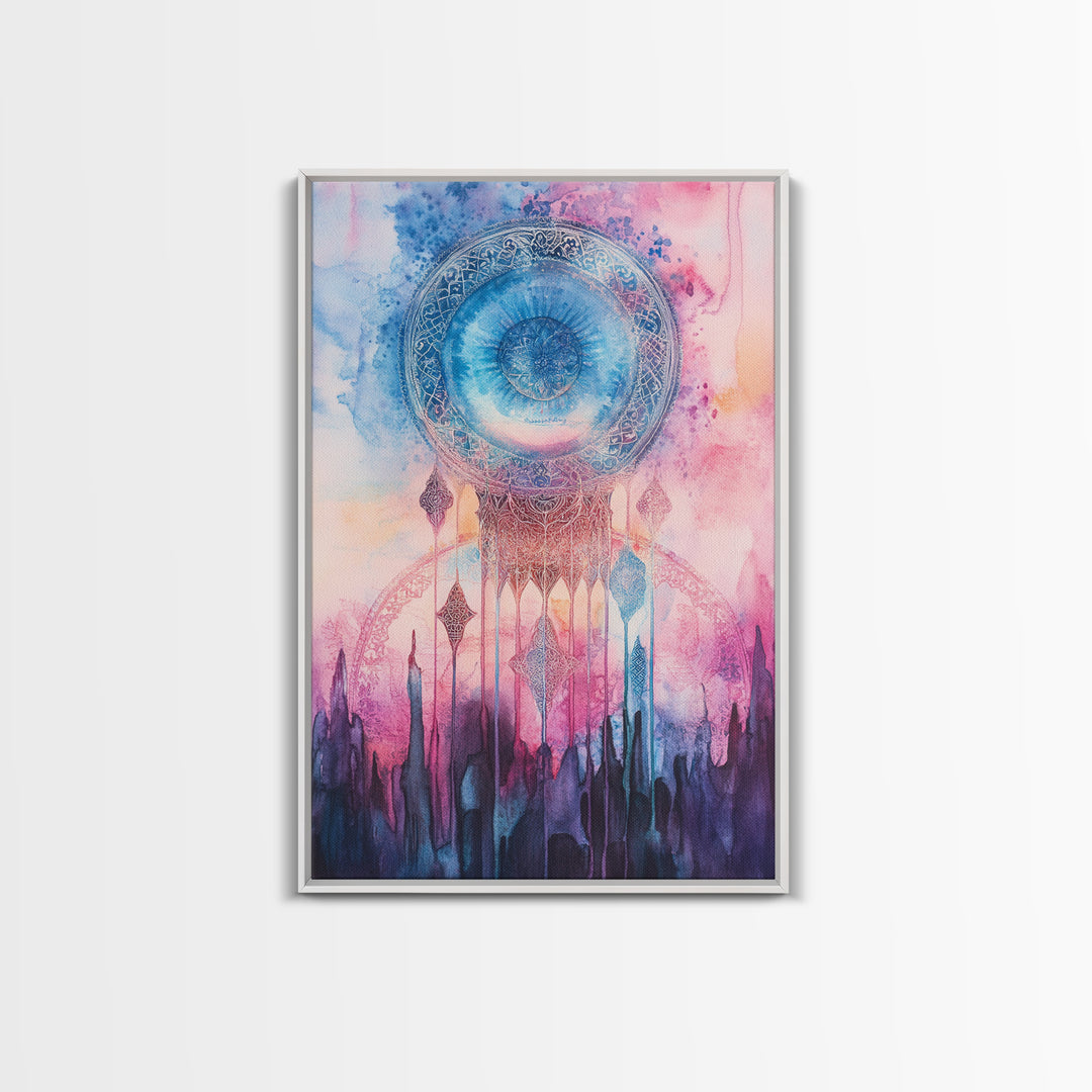 Mystic Sacred Geometry Framed Canvas Print with Bahai Art Elements and Vibrant Pink Blue Abstract, Boho Home Wall Decor