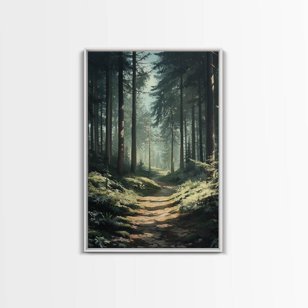 Forest Path Landscape Framed Canvas Print with Pine Tree Art, Rustic Decor and Serene Nature Above Sofa Artwork