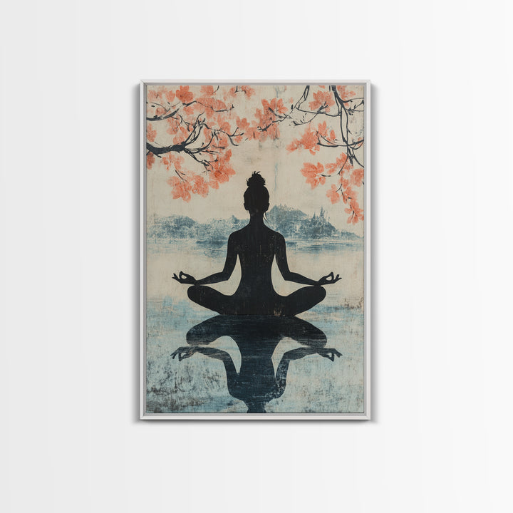 Cherry Blossom Canvas Print Featuring Zen Silhouette, Oriental Inspired Wabi Sabi Art, Minimalist Yoga Wall Art for Tranquility
