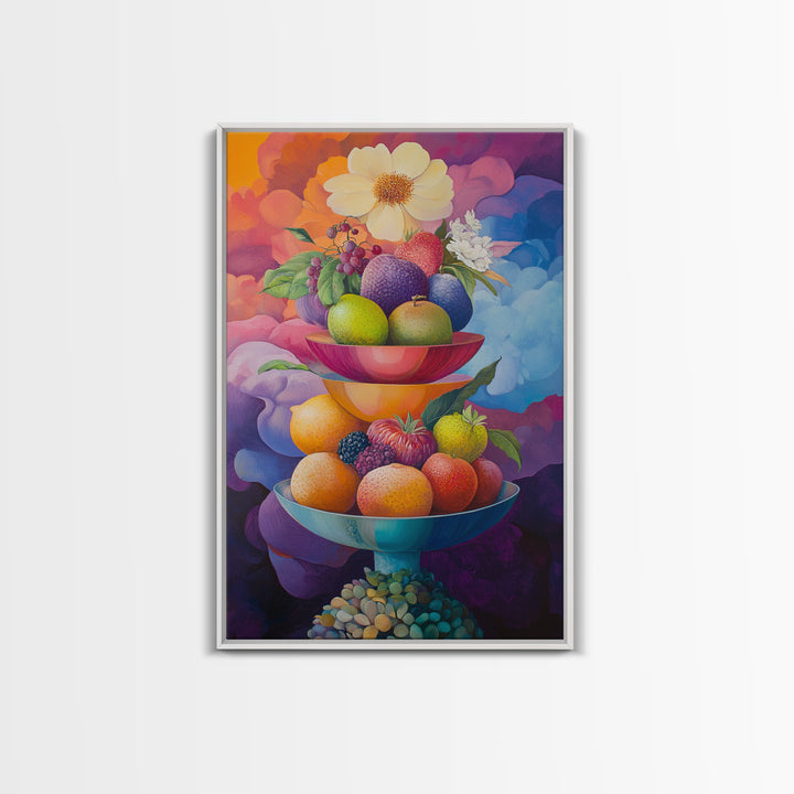 Colorful Fruit Bowl Canvas Print Featuring Still Life Painting, Whimsical Kitchen Art, Vibrant Food Review Wall Art for Dining Spaces
