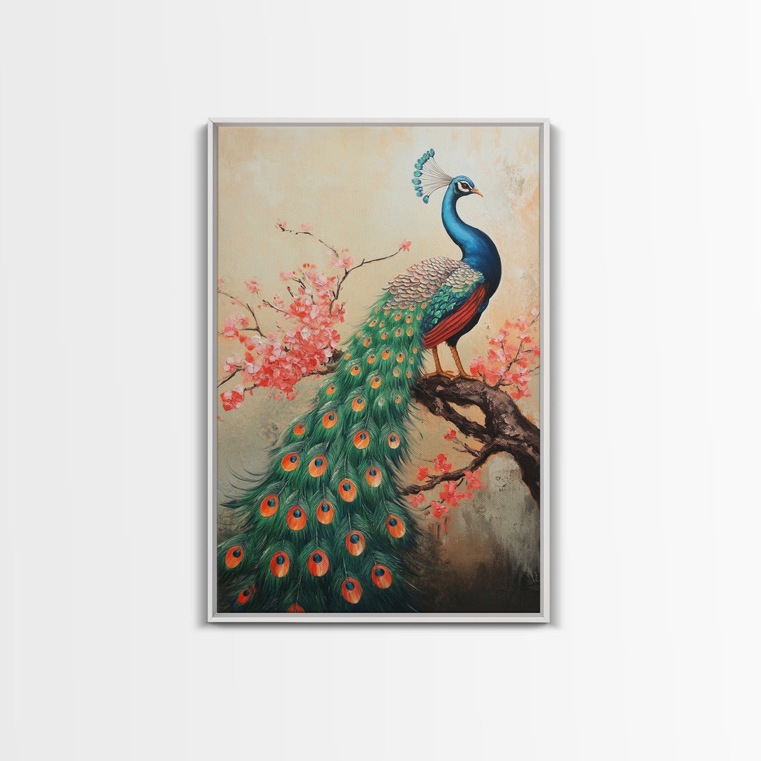 Peacock Canvas Print with Cherry Blossom Painting, Vibrant Oriental Art, Rustic Chinoiserie Wall Decor, Bold Statement Piece for Living Room