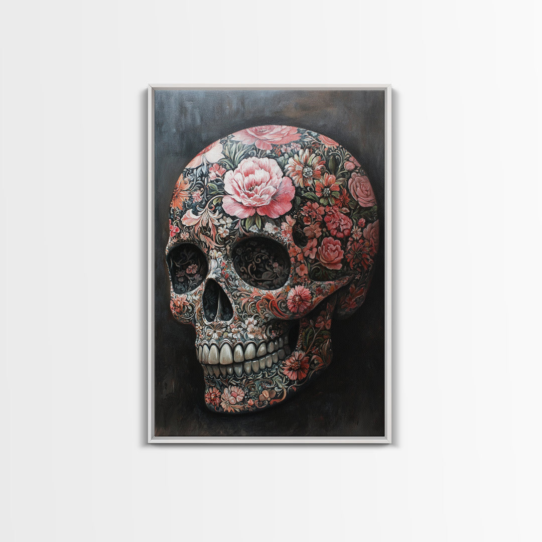 Skull Art Framed Canvas Print with Intricate Floral Patterns in Gothic Boho Style, Chinoiserie-Inspired Rustic Bedroom or Living Room Art