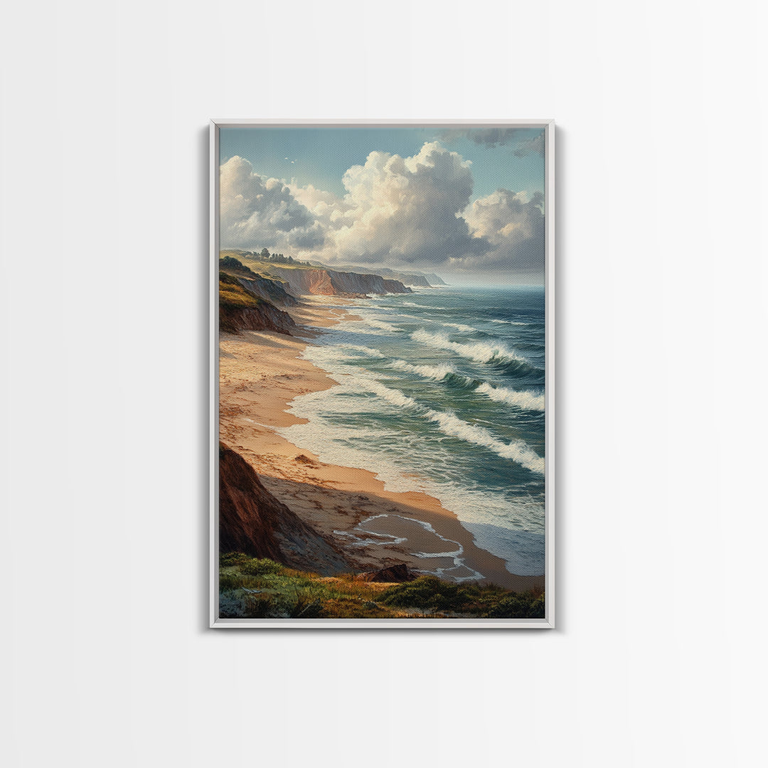 Coastal Seascape Framed Canvas Print Ocean Landscape Painting Cliffside Waves Art Nautical Coastal Decor Above Sofa Rustic Living Room Art