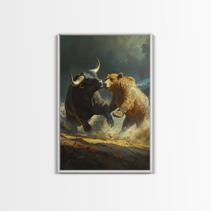 Bull and Bear Clash Framed Canvas Print Rustic Wall Art Gift Idea Financial Decor Wild Animals Artwork Moody Wall Art Rustic Living Room Decor