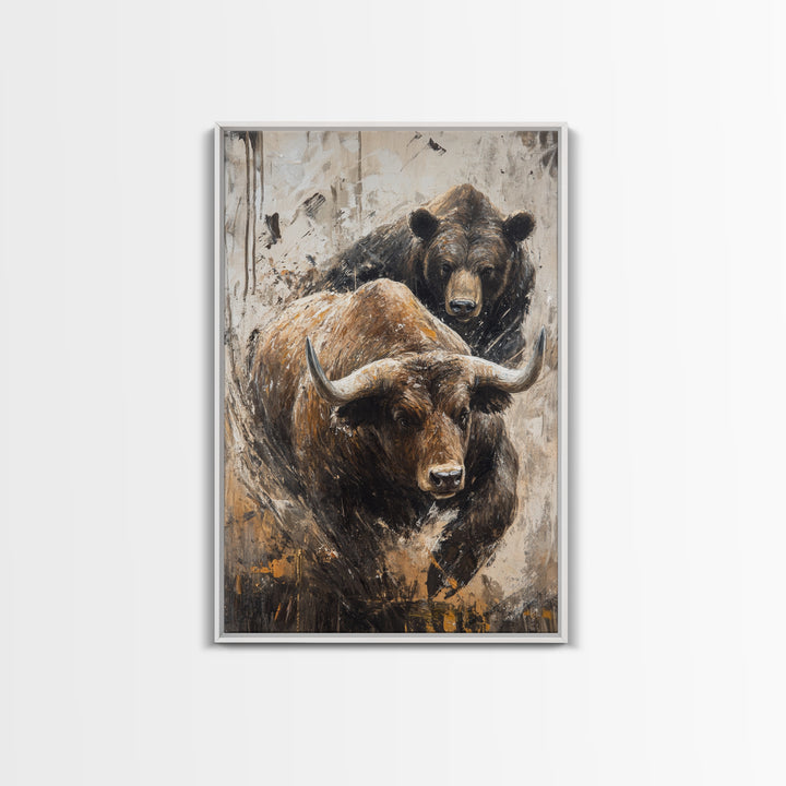 Bull and Bear Dynamic Framed Canvas Print Rustic Wall Art Financial Market Theme Gift Idea Living Room Decor Unique Animal Artwork Rustic Art