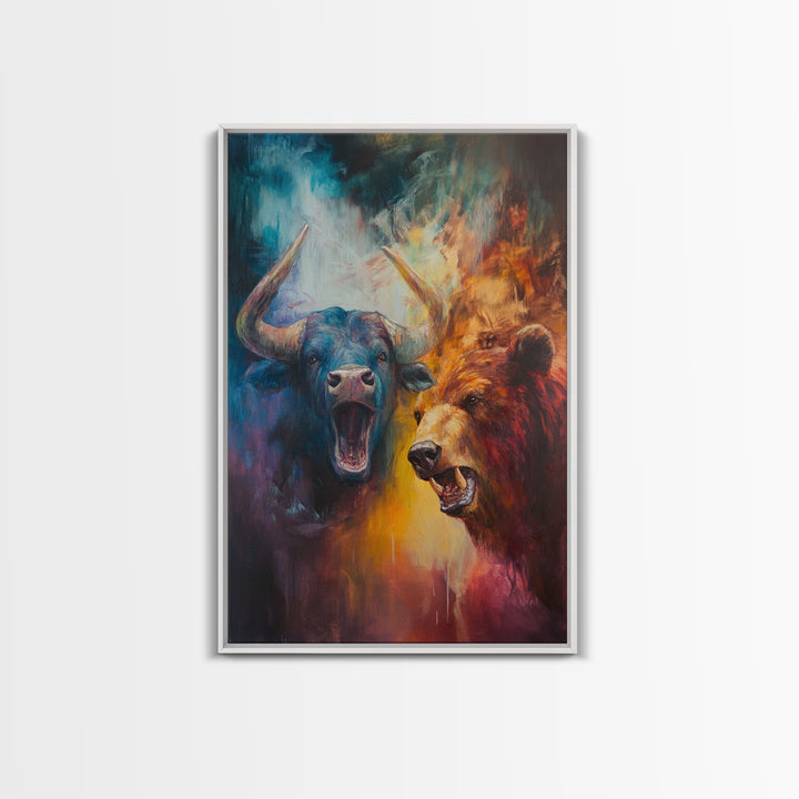 Bull and Bear Duel Framed Canvas Print Vibrant Moody Art Rustic Wall Art Unique Gift Idea Living Room Decor Animal Art Financial Market Theme