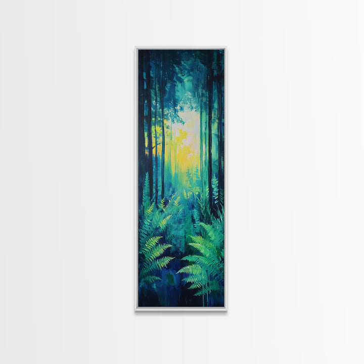 Forest Glow, pine tree art, moody art, landscape painting, above sofa art, gift idea for her, Framed Canvas Print