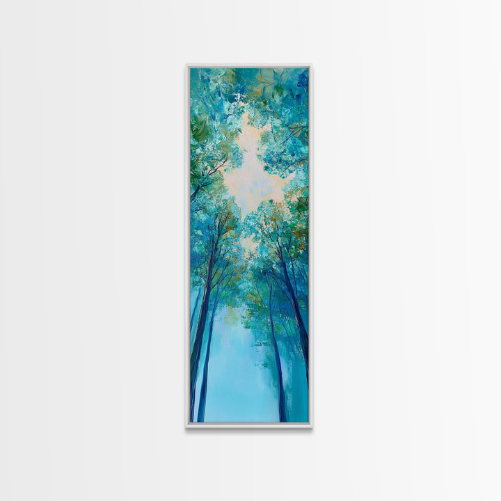 Canopy Trees, birch tree painting, botanical prints, nature wall art, green wall art, vertical wall art, Framed Canvas Print, above bed art