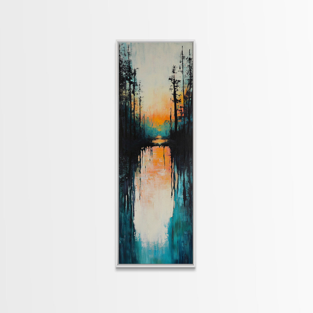 Sunset Reflection, coastal painting, pink orange wall art, lake Tahoe art farmhouse art, Framed Canvas Print, panoramic art