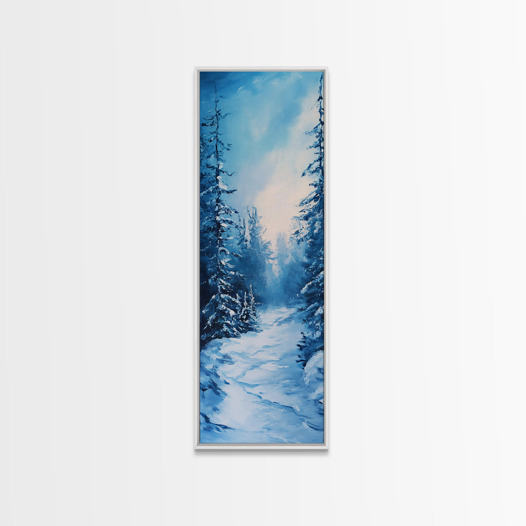 Winter Path, snowy pine tree art, moody art, Christmas wall art, wabi sabi art, landscape painting, Framed Canvas Print