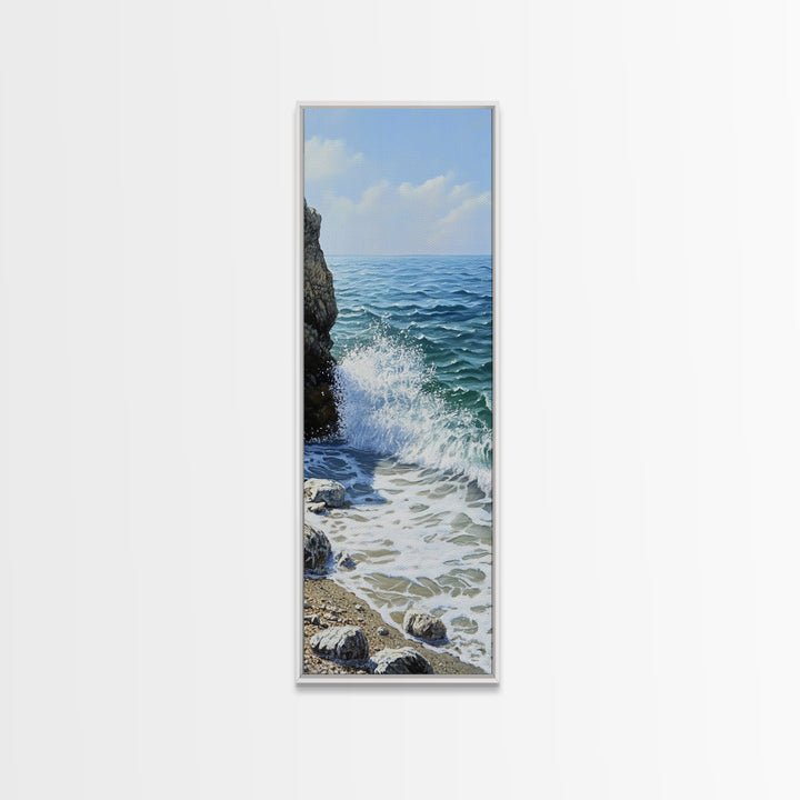 Ocean Waves, rocky beach seascape, coastal painting, nautical decor, landscape painting, extra wide art, Canvas Print